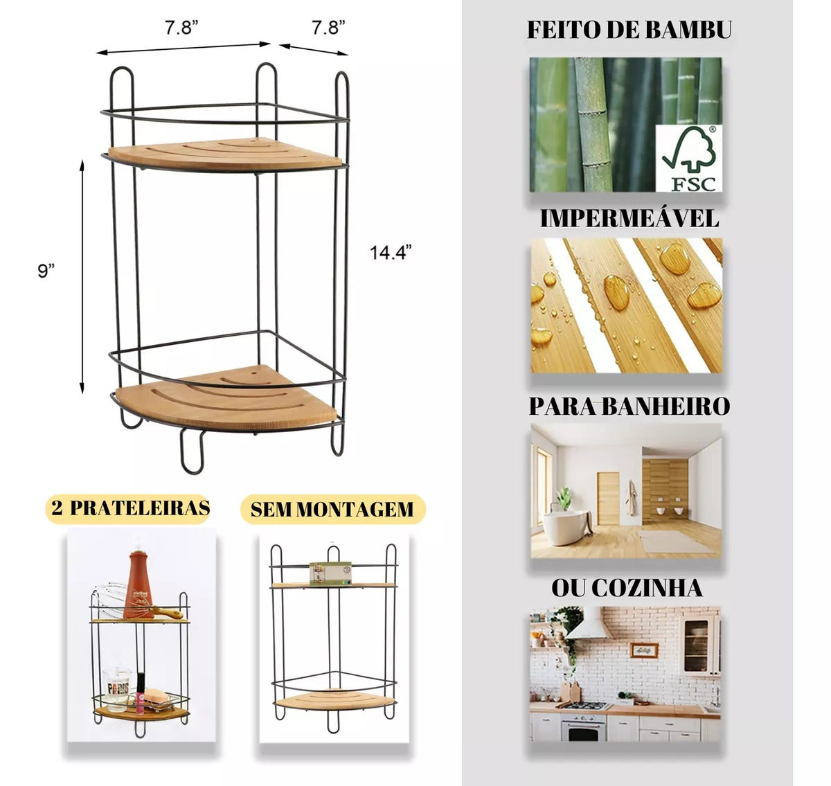 Suporte Multiuso - Prateleira de Bambu para Banheiro e Cozinha